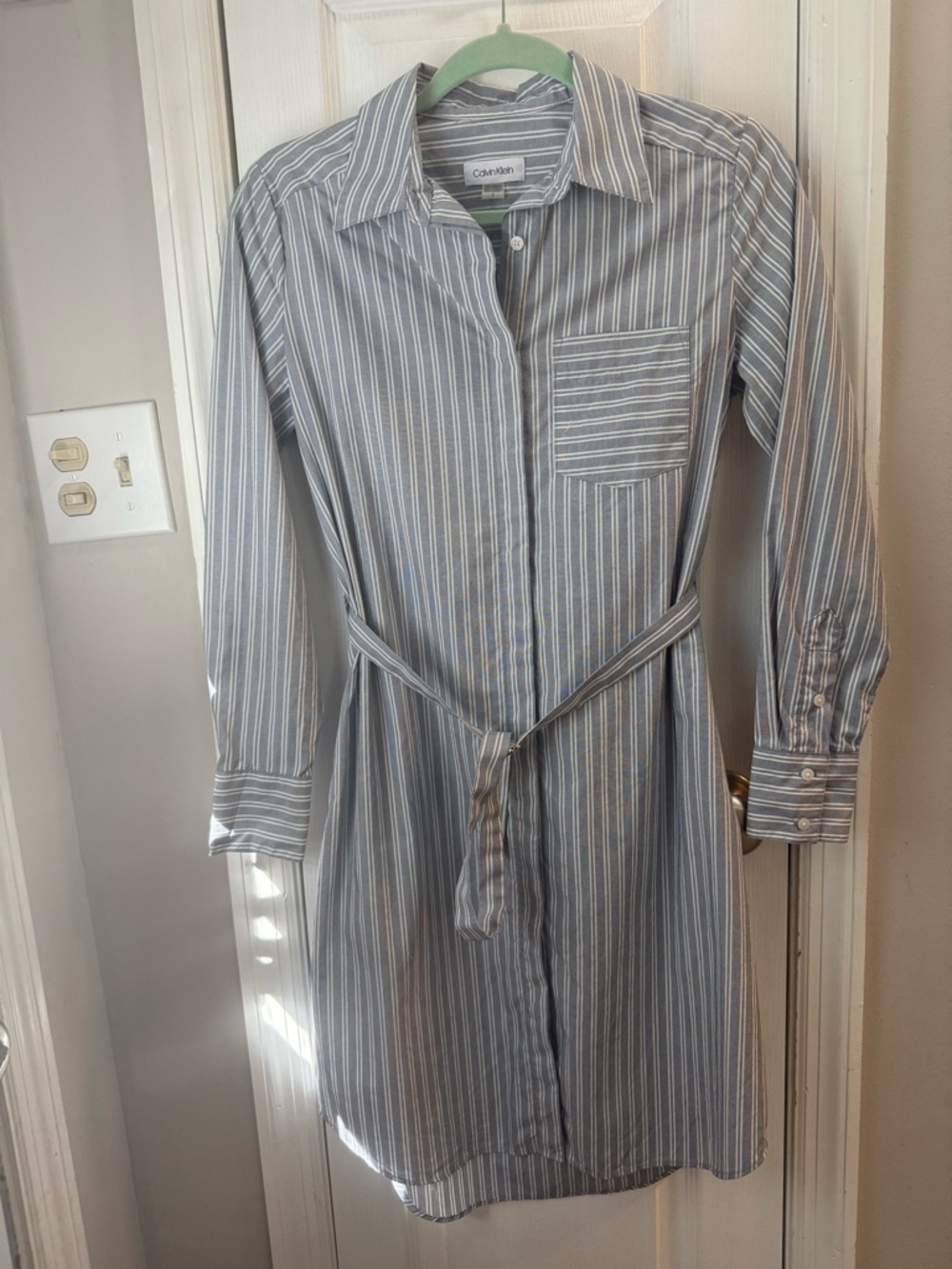Calvin Klein Light Blue and White Striped Shirt Dress with Waist Tie- EUC!